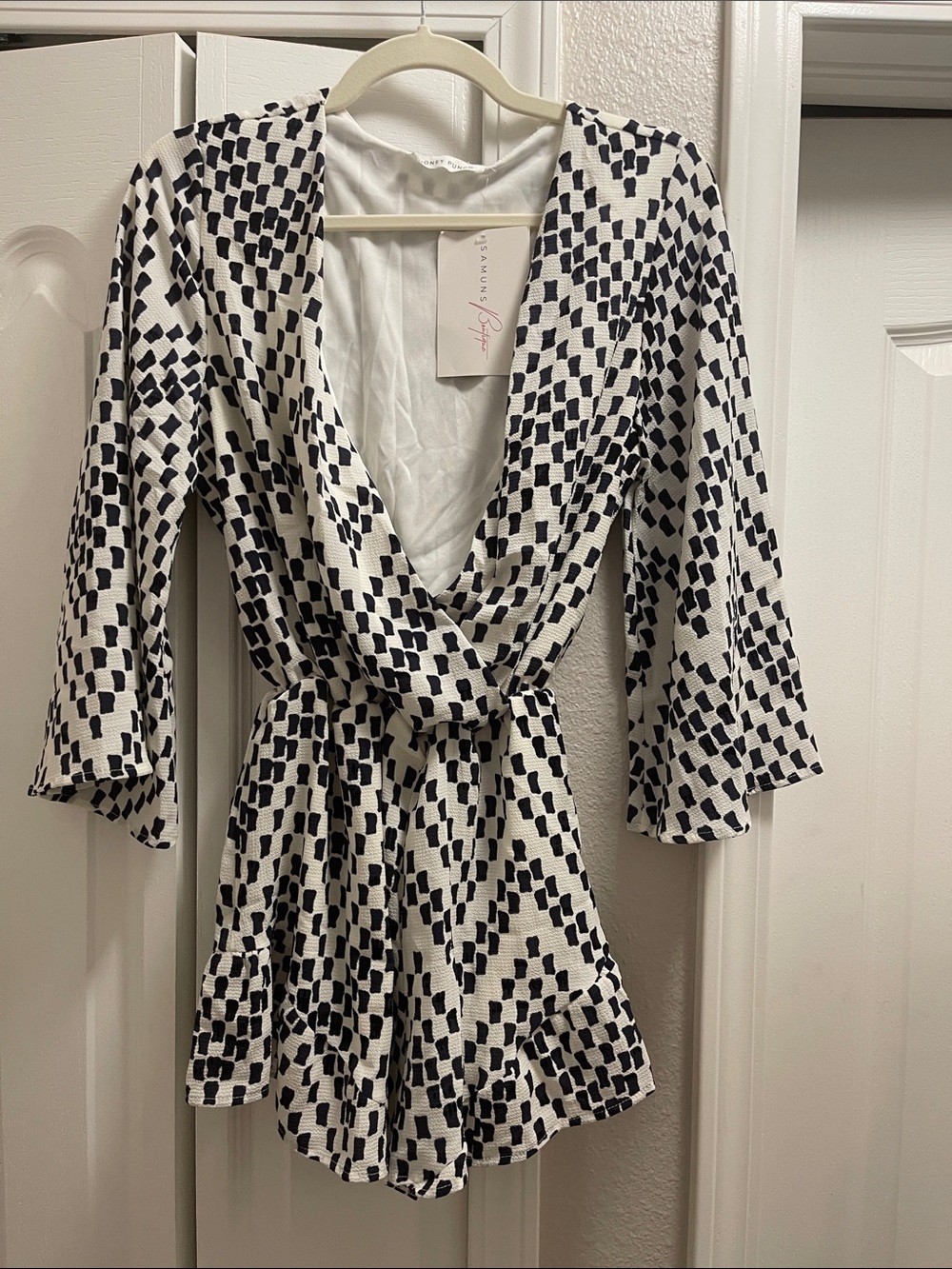 Off white and Navy Patterned V-neck Romper